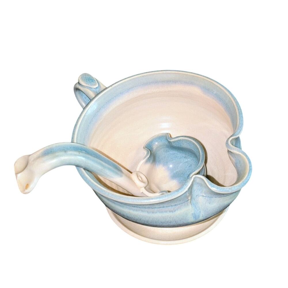 Hand Made Blue White Gravy Boat W/ Matching Ladle Studio Pottery